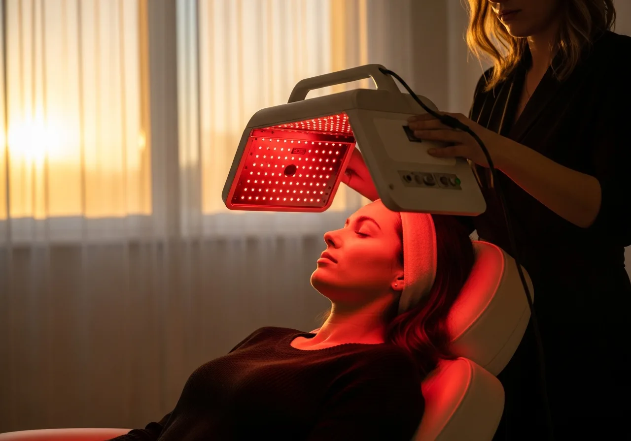 Equipo profesional de fotobiomodulación en clínica de estética